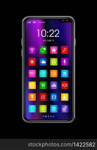 All screen digital realistic smartphone with colorful icon set isolated on black. 3D render. All screen smartphone with colorful icon set isolated on black. 3D render