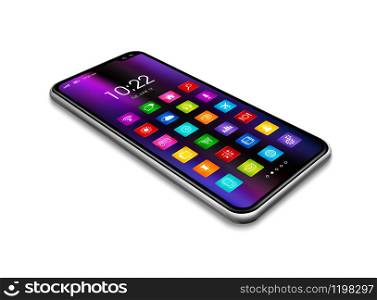 All screen digital realistic smartphone with colorful icon set isolated on white. Perspective view 3D render. All screen smartphone with colorful icon set isolated on white. 3D render