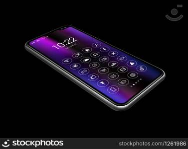 All screen digital realistic smartphone with icon set isolated on black. Perspective view 3D render. All screen smartphone with icon set isolated on black. 3D render