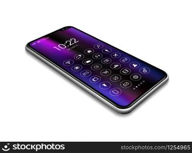 All screen digital realistic smartphone with icon set isolated on white. Perspective view 3D render. All screen smartphone with icon set isolated on white. 3D render