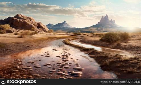 Allegory about climate change. A dirt road and a dry river in the desert near a mountain, in the style of cracked by generative AI