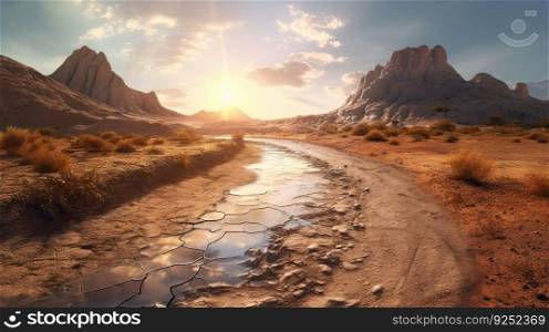 Allegory about climate change. A dirt road and a dry river in the desert near a mountain, in the style of cracked by generative AI