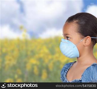Allergic latin girl with a blue mask in a field with many flowers
