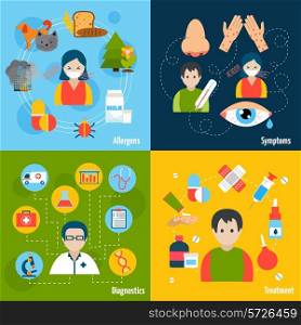 Allergies design concept set with allergens symptoms diagnostics and treatment flat icons isolated vector illustration