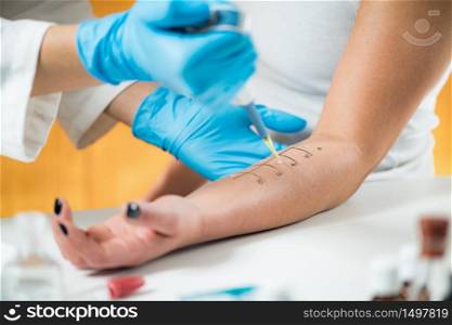 Allergy - Skin Prick Tests on a Woman&rsquo;s Arm. Allergy - Skin Prick Testing