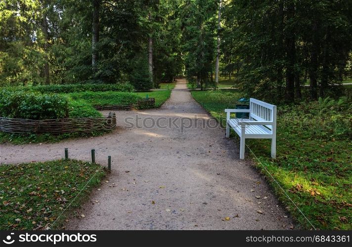 Alley with wooden bench and old trees in park of the village Mikhailovskoye, Pushkinskiye Gory, Pskov region, Russia