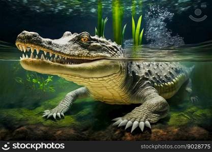 Alligator crocodile in water. Generative AI. High quality illustration. Alligator crocodile in water. Generative AI