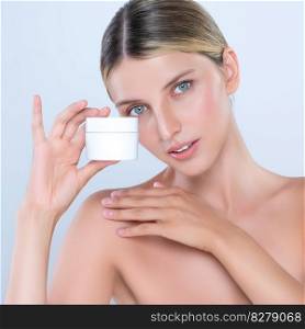 Alluring beautiful perfect cosmetic skin woman portrait hold mockup jar cream or moisturizer for skincare treatment, anti-aging product in isolated background. Natural healthy skin model concept.. Alluring portrait of perfect skin woman holding mockup moisturizer jar.