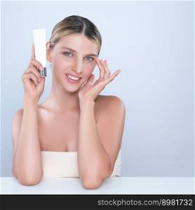 Alluring beautiful perfect cosmetic skin woman portrait hold mockup tube cream or moisturizer for skincare treatment, anti-aging product in isolated background. Natural healthy skin model concept.. Alluring portrait of perfect skin woman holding mockup moisturizer tube.
