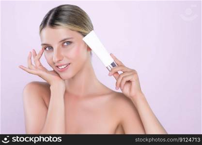 Alluring beautiful perfect cosmetic skin woman portrait hold mockup tube cream or moisturizer for skincare treatment, anti-aging product in isolated background. Natural healthy skin model concept.. Alluring portrait of perfect skin woman holding mockup moisturizer tube.