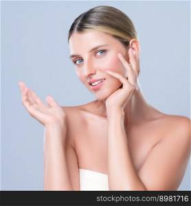 Alluring beautiful woman with perfect smooth and clean skin portrait in isolated background. Beauty hand gesture with expressive facial expression for skincare treatment product or spa.. Alluring beautiful woman with perfect smooth and clean skin portrait.