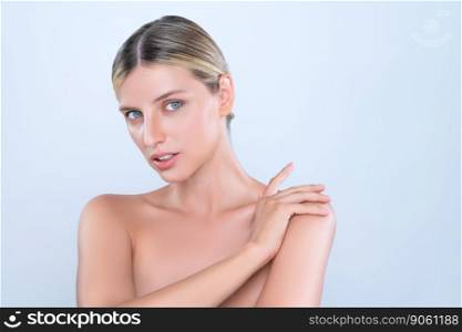 Alluring beautiful woman with perfect smooth and clean skin portrait in isolated background. Beauty hand gesture with expressive facial expression for skincare treatment product or spa.. Alluring beautiful woman with perfect smooth and clean skin portrait.