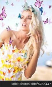 Alluring blonde wearing the butterfly dress