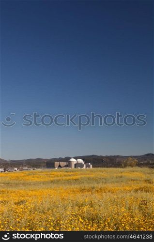 Almaraz nuclear power plant in the center of Spain, surrounded by a flowery field&#xA;
