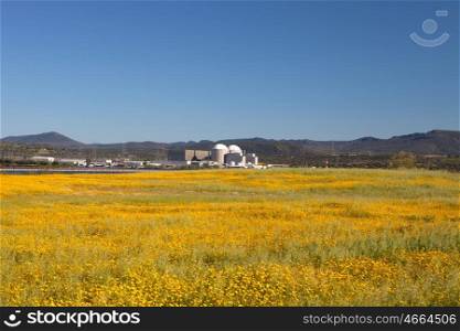Almaraz nuclear power plant in the center of Spain, surrounded by a flowery field&#xA;