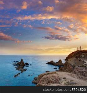 Almeria Cabo de Gata lighthouse sunset in Mediterranean sea of Spain