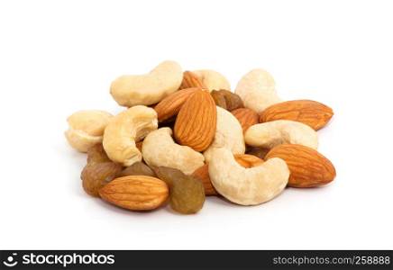 Almond and cashew nuts isolated on white