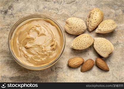 almond butter and nuts - overhead view