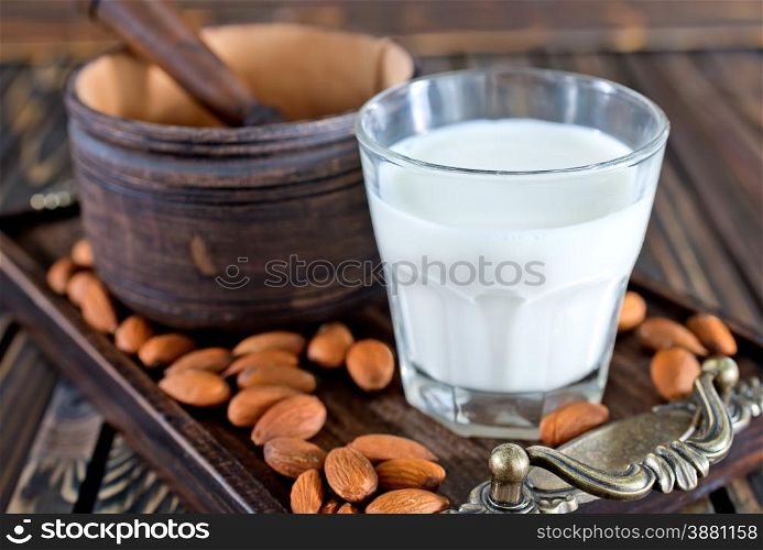almond milk in glasses and on a table