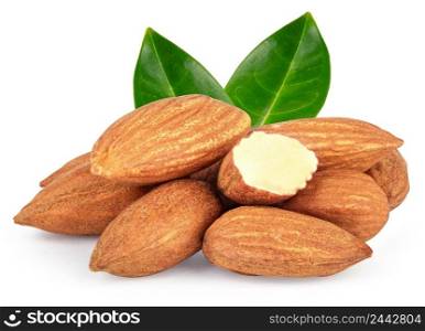 Almond nuts heap with green leaves isolated on white background. Almond nuts heap with green leaves
