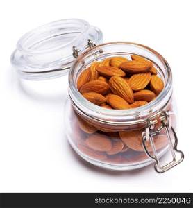 Almond nuts in a glass bowl isolated on a white background. High quality photo. Almond nuts in a glass bowl isolated on a white background