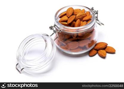 Almond nuts in a glass bowl isolated on a white background. High quality photo. Almond nuts in a glass bowl isolated on a white background