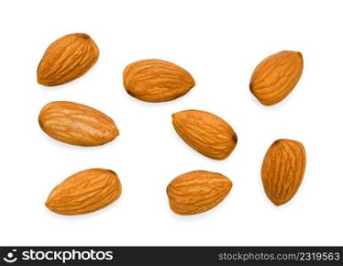 Almond nuts isolated on white background. Raw Almond, flat lay Collection