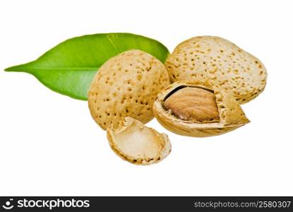 Almonds with green leaf - isolated