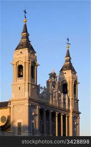 Almudena Cathedral (Cathedral of Saint Mary the Royal of La Almudena) bell towers in Madrid, Spain