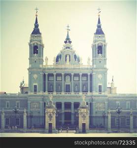 Almudena Cathedral, Madrid, Spain. Retro style filtred image