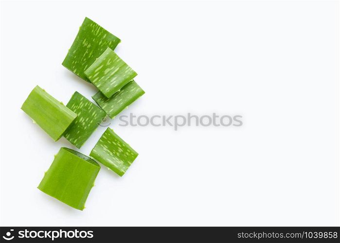 Aloe Vera cut pieces on white background. Copy space