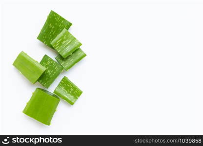 Aloe Vera cut pieces on white background. Copy space