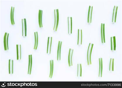 Aloe Vera cut pieces on white background. Copy space