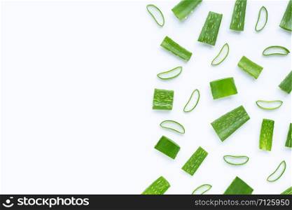 Aloe Vera cut pieces with slices on white background. Copy space