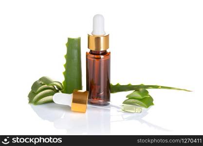 Aloe vera essential oil isolated on white background. Aloe vera oil for skin care, spa, wellness, massage, aromatherapy