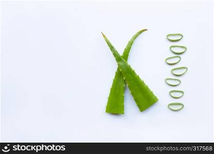 Aloe vera fresh leaf with slices isolated on white background.