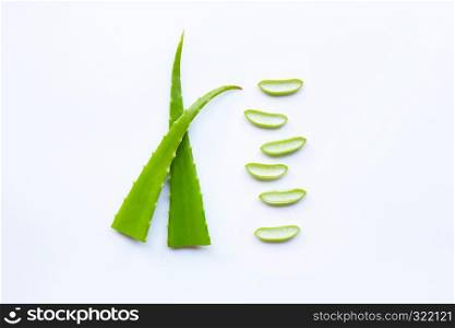 Aloe vera fresh leaf with slices isolated on white background.