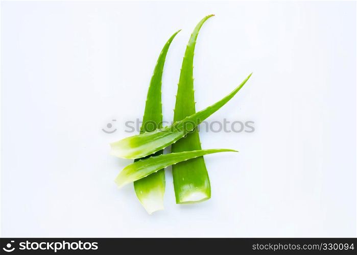 Aloe vera fresh leaves on white background. Copy space