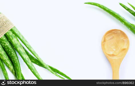 Aloe vera fresh leaves with gel on white background. Copy space