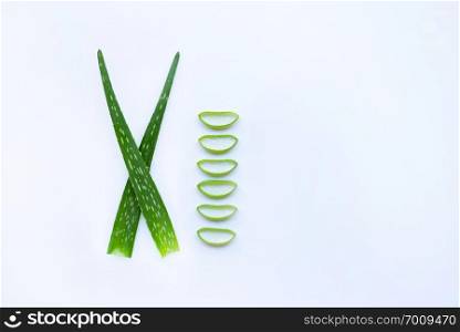 Aloe vera fresh leaves with slices on white background. copy space