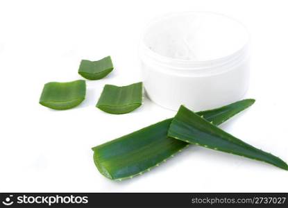 aloe vera leaves and cream isolated on white background
