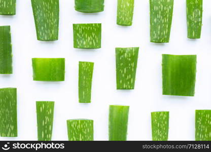 Aloe Vera leaves cut pieces on white background. Top view