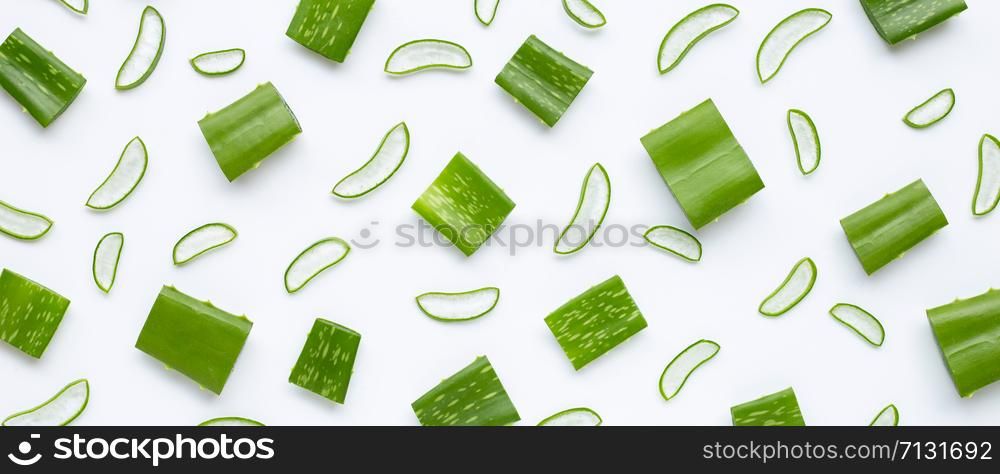Aloe Vera leaves cut pieces with slices on white background.