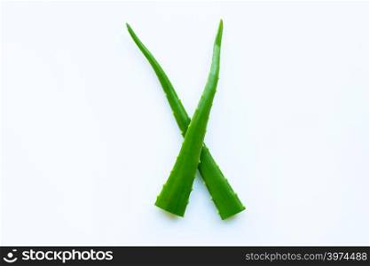 Aloe vera leaves on white background. Copy space