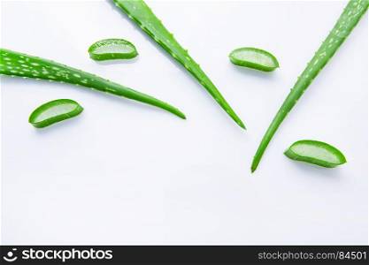 Aloe Vera leaves with aloe vera gel isolated on white background.