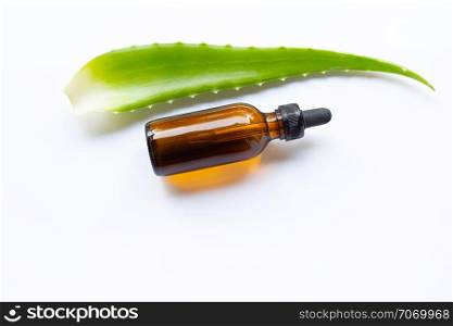 Aloe vera leaves with essential oil on white background.