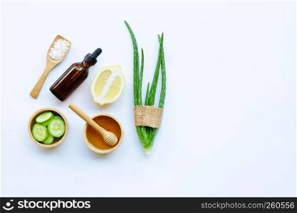 Aloe vera, lemon, cucumber, salt, honey. Natural ingredients for homemade skin care on white.