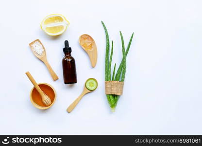 Aloe vera, lemon, cucumber, salt, honey. Natural ingredients for homemade skin care on white