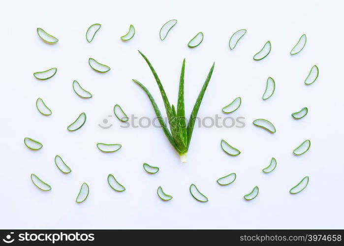 Aloe vera on white background. Benefits for skin care. Top view
