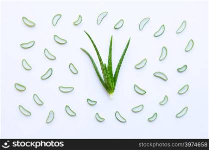 Aloe vera on white background. Benefits for skin care. Top view